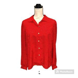Adorable vintage Chaus silky red polka dot blouse button front